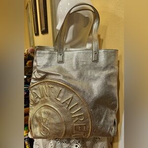 YSL Rare Distressed Vintage Silver Gold Logo Leather Tote Shoulder Bag